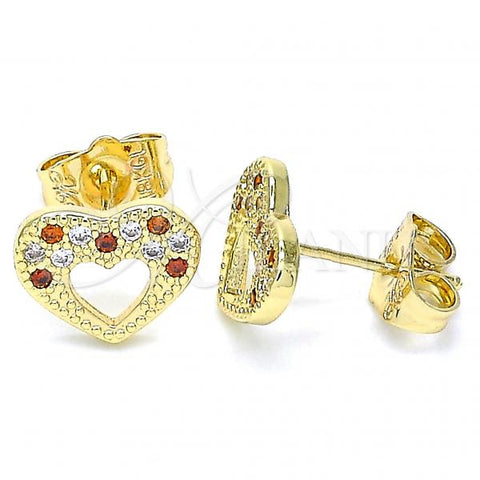 Oro Laminado Stud Earring, Gold Filled Style Heart Design, with Garnet and White Micro Pave, Polished, Golden Finish, 02.156.0513.1