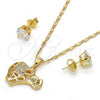 Oro Laminado Earring and Pendant Adult Set, Gold Filled Style Elephant Design, with White Micro Pave, Polished, Golden Finish, 10.233.0016