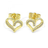 Oro Laminado Stud Earring, Gold Filled Style Heart Design, with White Micro Pave, Polished, Golden Finish, 02.156.0621