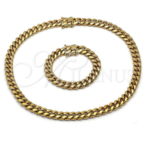Stainless Steel Necklace and Bracelet, Miami Cuban Design, Polished, Golden Finish, 06.116.0042