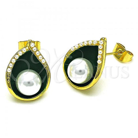 Oro Laminado Stud Earring, Gold Filled Style Teardrop Design, with Ivory Pearl, Green Enamel Finish, Golden Finish, 02.379.0027.1