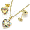 Oro Laminado Earring and Pendant Adult Set, Gold Filled Style Heart Design, with Multicolor Micro Pave, Polished, Golden Finish, 10.233.0034