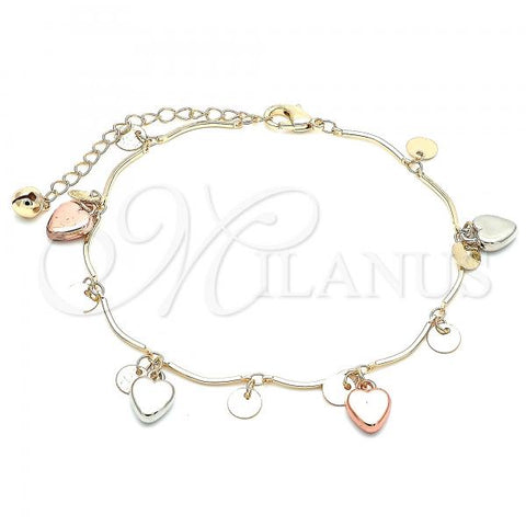 Oro Laminado Charm Anklet , Gold Filled Style Heart Design, Polished, Tricolor, 03.331.0060.10