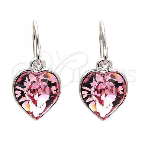 Rhodium Plated Dangle Earring, Heart Design, with Rose Peach Swarovski Crystals, Polished, Rhodium Finish, 02.239.0003.4