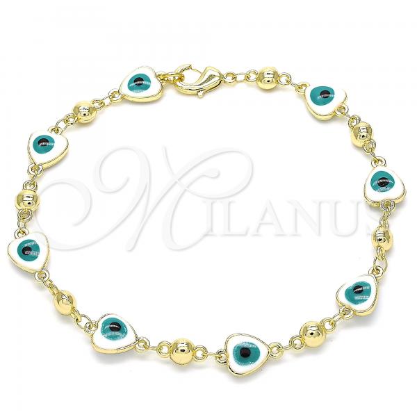 Oro Laminado Fancy Bracelet, Gold Filled Style Evil Eye and Heart Design, White Enamel Finish, Golden Finish, 03.213.0037.08