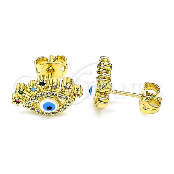 Oro Laminado Stud Earring, Gold Filled Style Evil Eye Design, with Multicolor Micro Pave, Blue Enamel Finish, Golden Finish, 02.341.0047