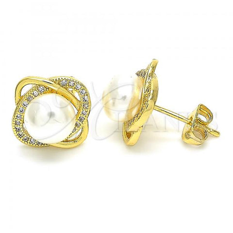 Oro Laminado Stud Earring, Gold Filled Style Ball Design, with White Cubic Zirconia and Ivory Pearl, Polished, Golden Finish, 02.156.0351