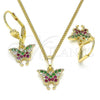 Oro Laminado Earring and Pendant Adult Set, Gold Filled Style Butterfly Design, with Multicolor Micro Pave, Polished, Golden Finish, 10.210.0148.1