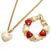 Oro Laminado Necklace and Bracelet, Gold Filled Style Rolo and Heart Design, with White Crystal, Brown Enamel Finish, Golden Finish, 06.63.0181