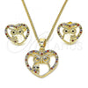 Oro Laminado Earring and Pendant Adult Set, Gold Filled Style Heart and Owl Design, with Multicolor Micro Pave, Polished, Golden Finish, 10.316.0043