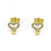 Oro Laminado Stud Earring, Gold Filled Style Heart Design, with White Micro Pave, Polished, Golden Finish, 02.156.0638