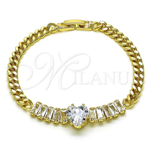 Oro Laminado Fancy Bracelet, Gold Filled Style Heart and Baguette Design, with White Cubic Zirconia, Polished, Golden Finish, 03.283.0346.07