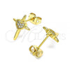 Oro Laminado Stud Earring, Gold Filled Style Cross and Heart Design, with White Micro Pave, Polished, Golden Finish, 02.342.0120