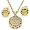 Oro Laminado Earring and Pendant Adult Set, Gold Filled Style Heart Design, with Garnet and White Micro Pave, Polished, Golden Finish, 10.156.0153.2