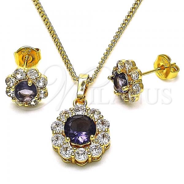 Oro Laminado Earring and Pendant Adult Set, Gold Filled Style Flower Design, with Dark Amethyst and White Cubic Zirconia, Polished, Golden Finish, 10.199.0086.8