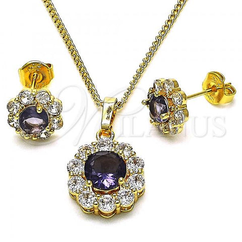 Oro Laminado Earring and Pendant Adult Set, Gold Filled Style Flower Design, with Dark Amethyst and White Cubic Zirconia, Polished, Golden Finish, 10.199.0086.8
