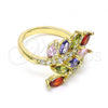 Oro Laminado Multi Stone Ring, Gold Filled Style Leaf Design, with Multicolor Cubic Zirconia and White Micro Pave, Polished, Golden Finish, 01.210.0140.08