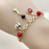 Oro Laminado Fancy Bracelet, Gold Filled Style Bismark and Evil Eye Design, with Garnet Pearl, Polished, Golden Finish, 03.213.0363.07
