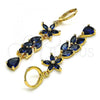 Oro Laminado Long Earring, Gold Filled Style Flower and Leaf Design, with Sapphire Blue Cubic Zirconia, Polished, Golden Finish, 02.210.0826.2