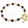 Oro Laminado Bracelet Rosary, Gold Filled Style Guadalupe and Crucifix Design, with Black and Orange Red Azavache, Polished, Golden Finish, 09.63.0109.1.08