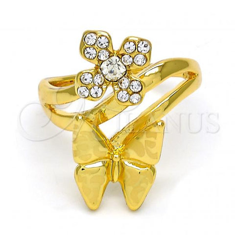 Oro Laminado Multi Stone Ring, Gold Filled Style Flower and Butterfly Design, with White Crystal, Polished, Golden Finish, 01.241.0036.09 (Size 9)