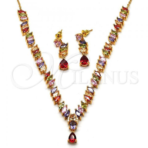 Oro Laminado Necklace and Earring, Gold Filled Style Teardrop Design, with Multicolor Cubic Zirconia, Polished, Golden Finish, 06.205.0005.1
