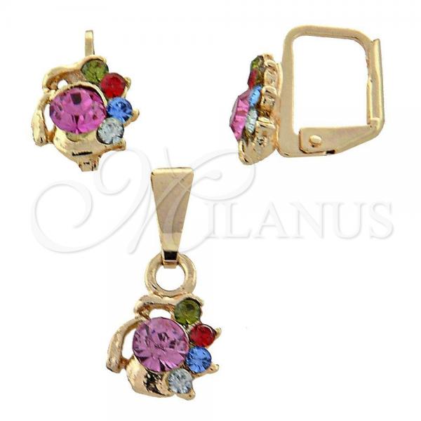 Oro Laminado Earring and Pendant Adult Set, Gold Filled Style Flower Design, with  Crystal, Golden Finish, 10.150.0041