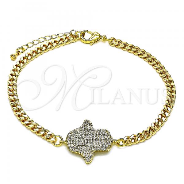 Oro Laminado Fancy Bracelet, Gold Filled Style Hand of God Design, with White Micro Pave, Polished, Golden Finish, 03.368.0089.08