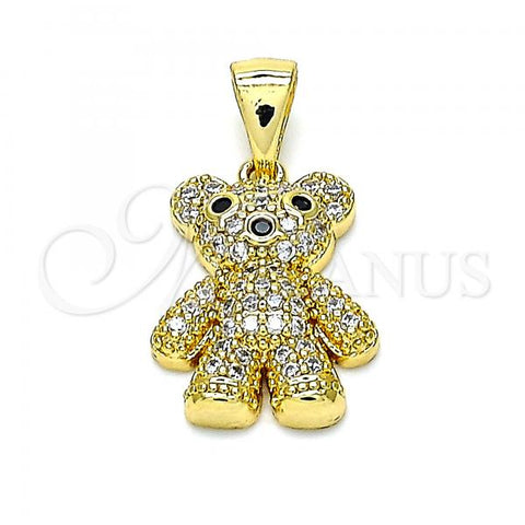 Oro Laminado Fancy Pendant, Gold Filled Style Teddy Bear Design, with White and Black Micro Pave, Polished, Golden Finish, 05.342.0033