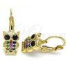 Oro Laminado Leverback Earring, Gold Filled Style Owl Design, with Multicolor Micro Pave, Polished, Golden Finish, 02.210.0380.3