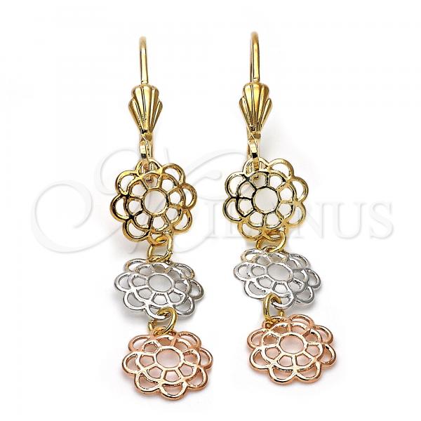 Oro Laminado Long Earring, Gold Filled Style Flower Design, Polished, Tricolor, 5.105.001