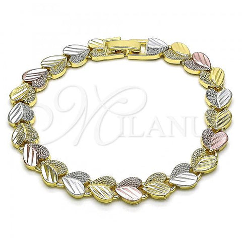 Oro Laminado Fancy Bracelet, Gold Filled Style Heart Design, Matte Finish, Tricolor, 03.102.0071.07