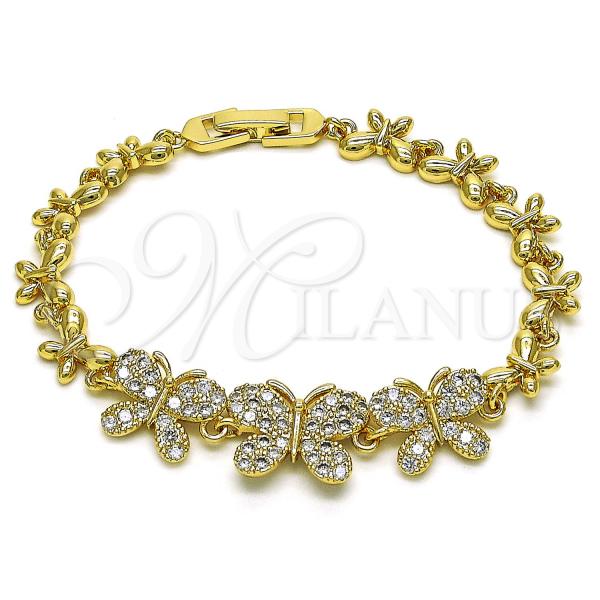 Oro Laminado Fancy Bracelet, Gold Filled Style Butterfly Design, with White Cubic Zirconia, Polished, Golden Finish, 03.283.0328.07