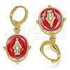 Oro Laminado Dangle Earring, Gold Filled Style Virgen Maria Design, Red Enamel Finish, Golden Finish, 02.377.0026.1