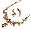 Oro Laminado Necklace and Earring, Gold Filled Style Flower and Leaf Design, with Multicolor Cubic Zirconia, Polished, Golden Finish, 06.205.0004.1