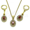Oro Laminado Earring and Pendant Adult Set, Gold Filled Style with Garnet Cubic Zirconia and White Micro Pave, Polished, Golden Finish, 10.387.0009