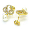 Oro Laminado Stud Earring, Gold Filled Style Ball Design, with White Cubic Zirconia and Ivory Pearl, Polished, Golden Finish, 02.156.0342