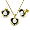 Oro Laminado Earring and Pendant Adult Set, Gold Filled Style Heart Design, with Ivory Pearl, Black Enamel Finish, Golden Finish, 10.379.0048.1