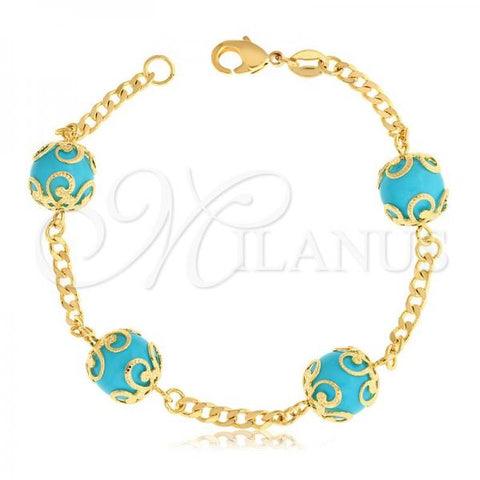 Oro Laminado Fancy Bracelet, Gold Filled Style Ball and Miami Cuban Design, with Turquoise Crystal, Polished, Golden Finish, 03.32.0157.1