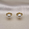 Oro Laminado Stud Earring, Gold Filled Style Heart Design, with Ivory Pearl and White Micro Pave, Polished, Golden Finish, 02.342.0225