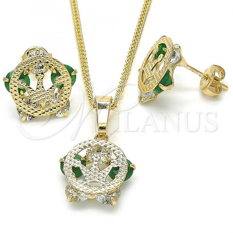 Oro Laminado Earring and Pendant Adult Set, Gold Filled Style Crown Design, with Green and White Cubic Zirconia, Polished, Golden Finish, 10.106.0017.2