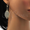 Oro Laminado Dangle Earring, Gold Filled Style Leaf and Filigree Design, with White Crystal, Diamond Cutting Finish, Golden Finish, 68.004