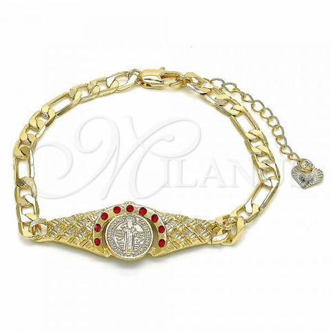 Oro Laminado Fancy Bracelet, Gold Filled Style San Benito Design, with Garnet Crystal, Diamond Cutting Finish, Golden Finish, 03.351.0048.1.07