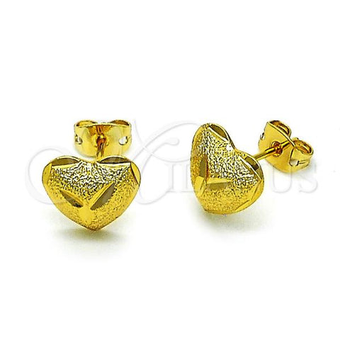 Oro Laminado Stud Earring, Gold Filled Style Heart Design, Diamond Cutting Finish, Golden Finish, 02.342.0277