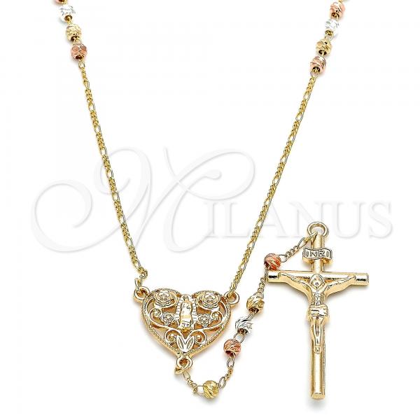 Oro Laminado Thin Rosary, Gold Filled Style Guadalupe and Crucifix Design, Diamond Cutting Finish, Tricolor, 09.380.0013.26