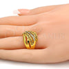 Oro Laminado Multi Stone Ring, Gold Filled Style Greek Key Design, with White Crystal, Polished, Golden Finish, 01.118.0036.08 (Size 8)