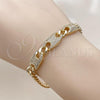 Oro Laminado Fancy Bracelet, Gold Filled Style Puff Mariner and Miami Cuban Design, with White Cubic Zirconia, Polished, Golden Finish, 03.283.0470.08