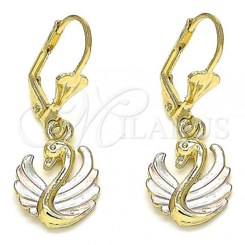 Oro Laminado Dangle Earring, Gold Filled Style Swan Design, Polished, Tricolor, 02.351.0081