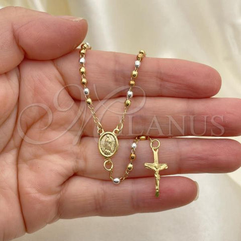 Oro Laminado Thin Rosary, Gold Filled Style Cross and Guadalupe Design, Polished, Tricolor, 09.02.0055.18