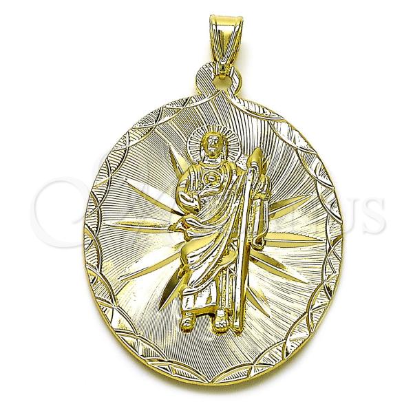 Oro Laminado Religious Pendant, Gold Filled Style San Judas Design, Diamond Cutting Finish, Golden Finish, 05.213.0163